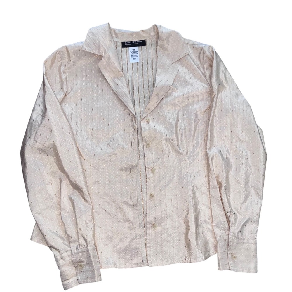 Jones New York Silk Metallic Gold Pinstripe Blouse Pink Petite 10P